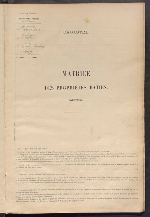 Matrice des propriétés bâties ; récapitulation ; table alphabétique des propriétaires.