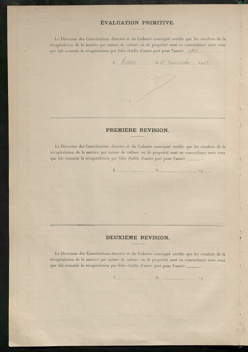 Tableau présentant les augmentations et les diminutions survenues dans la matière imposable ; récapitulation ; table alphabétique des propriétaires ; matrice des propriétés non bâties, fol. 1 à 500.