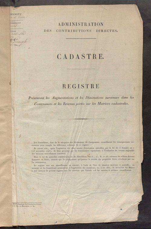 Registre présentant les augmentations et les diminutions survenues dans les contenances et les revenus portés sur les matrices cadastrales, 1825-1897; récapitulation des contenances et des revenus imposables, 1822 ; matrice des propriétés foncières, fol. 