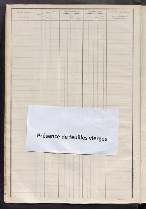 Tableau présentant les augmentations et les diminutions survenues dans la matière imposable ; récapitulation ; table alphabétique des propriétaires ; matrice des propriétés non bâties, fol. 1 à 492.