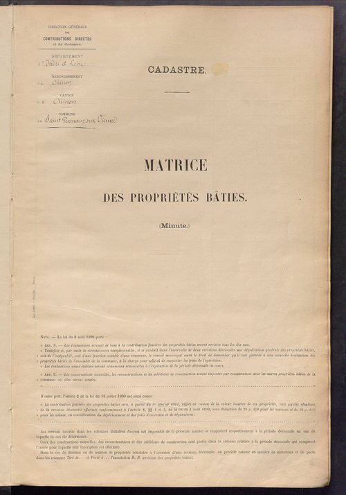 Matrice des propriétés bâties ; récapitulation ; table alphabétique des propriétaires.