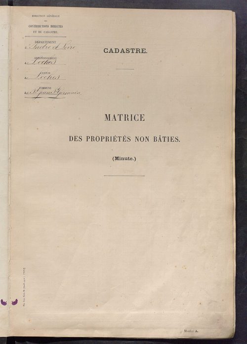 Tableau présentant les augmentations et les diminutions survenues dans la matière imposable ; récapitulation ; table alphabétique des propriétaires ; matrice des propriétés non bâties, fol. 1 à 500.