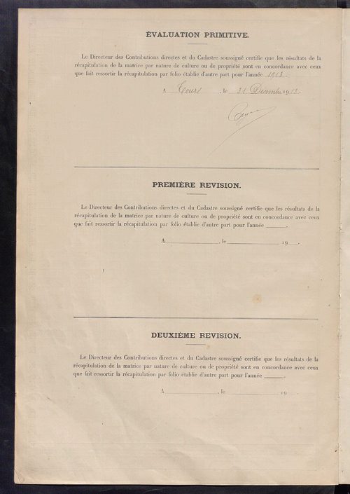 Tableau présentant les augmentations et les diminutions survenues dans la matière imposable ; récapitulation ; table alphabétique des propriétaires ; matrice des propriétés non bâties, fol. 1 à 500.