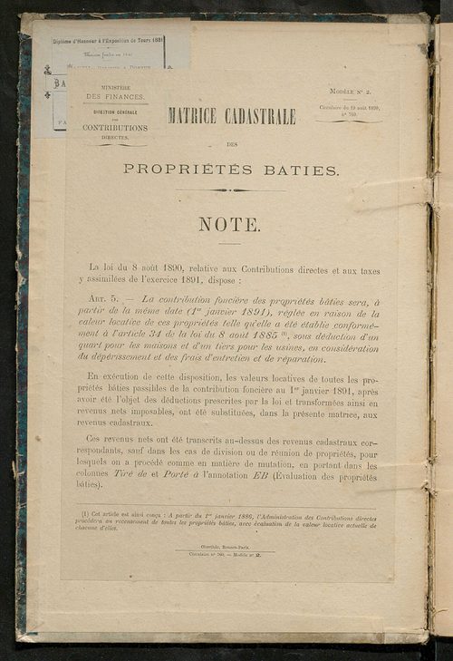 Matrice des propriétés bâties ; augmentations et diminutions, 1883-1891 ; séparation des revenus cadastraux afférents, pour l'année 1882, aux propriétés bâties et non bâties (état-balance) ; table alphabétique des propriétaires.