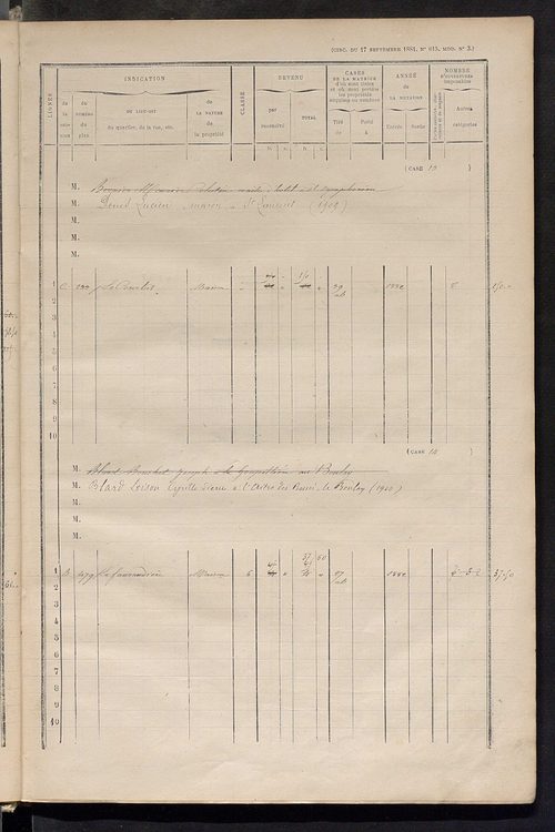 Matrice des propriétés bâties ; augmentations et diminutions, 1883-1891 ; séparation des revenus cadastraux afférents, pour l'année 1882, aux propriétés bâties et non bâties (état-balance) ; table alphabétique des propriétaires.