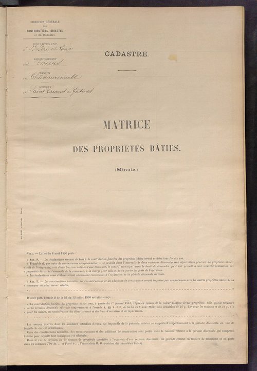 Matrice des propriétés bâties ; récapitulation ; table alphabétique des propriétaires.
