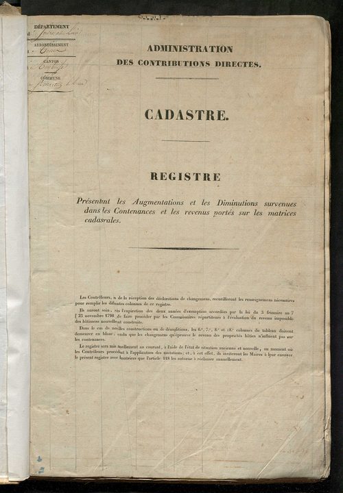 Registre présentant les augmentations et les diminutions survenues dans les contenances et les revenus portés sur les matrices cadastrales, 1826-1914 ; récapitulation des contenances et des revenus imposables, 1823 ; matrice des propriétés foncières, fol.