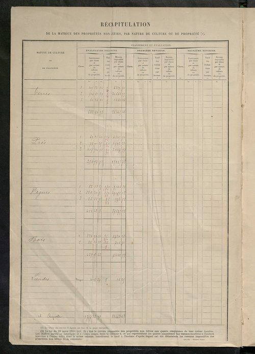 Matrice des propriétés non bâties : tableau présentant les augmentations et les diminutions survenues dans la matière imposable ; récapitulation ; table alphabétique des propriétaires.