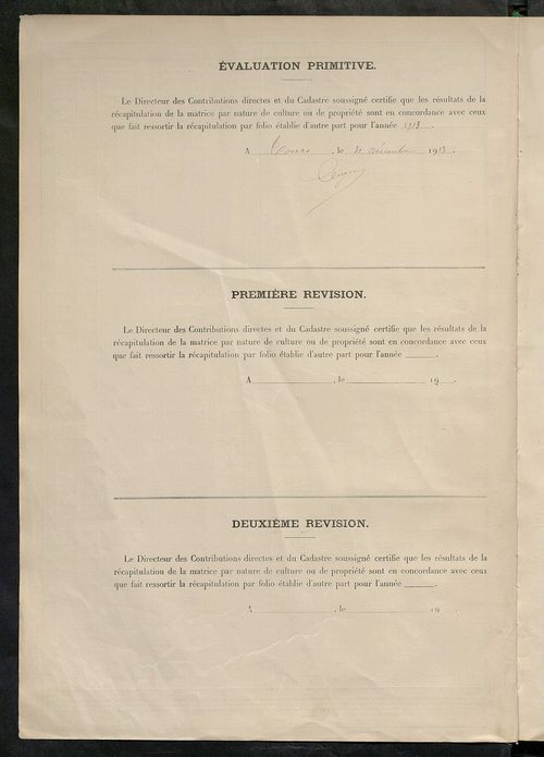 Matrice des propriétés non bâties : tableau présentant les augmentations et les diminutions survenues dans la matière imposable ; récapitulation ; table alphabétique des propriétaires.