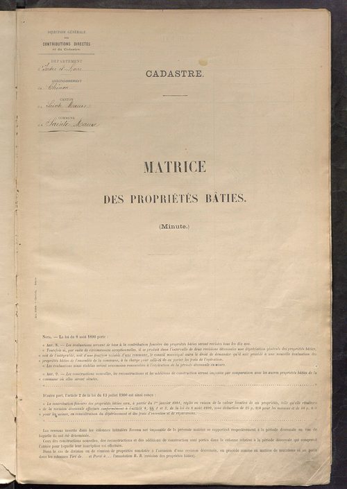 Tableau présentant la valeur locative réelle, le revenu net imposable et le nombre de propriétés bâties ; récapitulation ; table alphabétique des propriétaires ; matrice des propriétés bâties, cases 1 à 560.