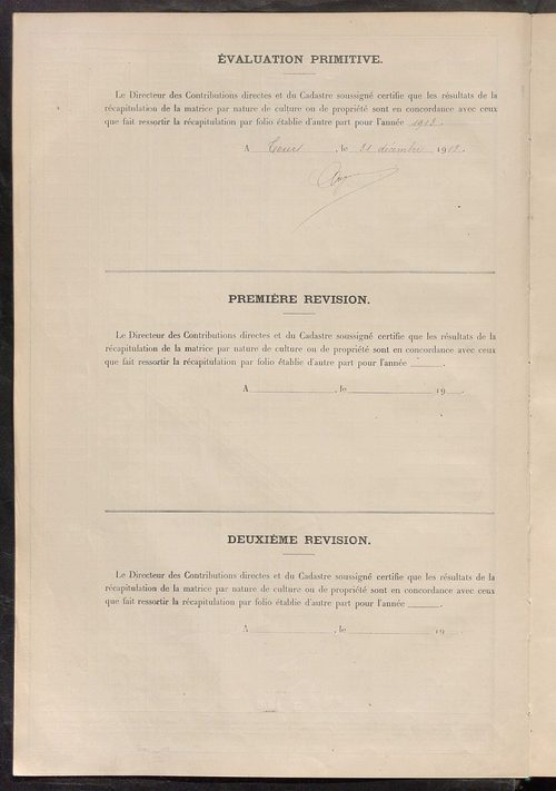Tableau présentant les augmentations et les diminutions survenues dans la matière imposable ; récapitulation ; table alphabétique des propriétaires ; matrice des propriétés non bâties, fol. 1 à 492.