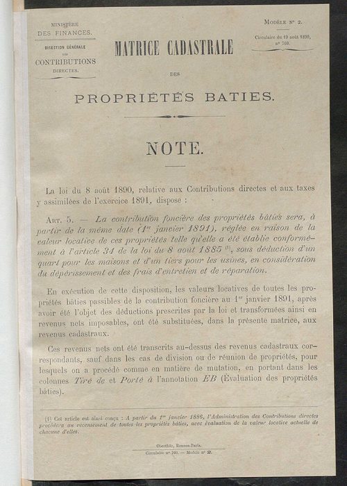 Matrice des propriétés bâties ; augmentations et diminutions, 1883-1891 ; séparation des revenus cadastraux afférents, pour l'année 1882, aux propriétés bâties et non bâties (état-balance) ; table alphabétique des propriétaires.