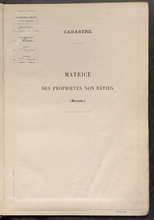 Tableau présentant les augmentations et les diminutions survenues dans la matière imposable ; récapitulation ; table alphabétique des propriétaires ; matrice des propriétés non bâties, fol. 1 à 492.