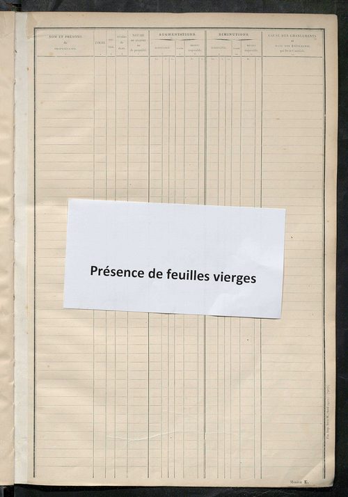 Matrice des propriétés non bâties : tableau présentant les augmentations et les diminutions survenues dans la matière imposable ; récapitulation ; table alphabétique des propriétaires.