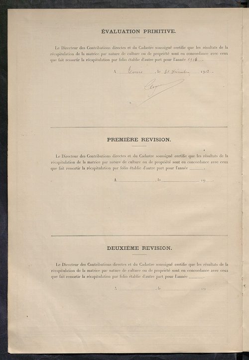 Matrice des propriétés non bâties : tableau présentant les augmentations et les diminutions survenues dans la matière imposable ; récapitulation ; table alphabétique des propriétaires.