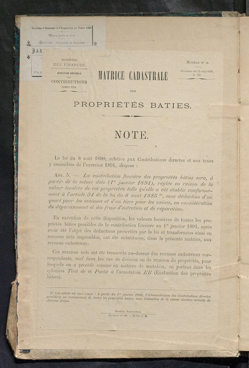 Matrice des propriétés bâties ; augmentations et diminutions, 1883-1891 ; séparation des revenus cadastraux afférents, pour l'année 1882, aux propriétés bâties et non bâties (état-balance) ; table alphabétique des propriétaires.