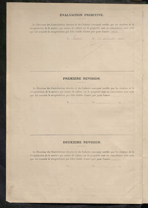 Tableau présentant les augmentations et les diminutions survenues dans la matière imposable ; récapitulation ; table alphabétique des propriétaires ; matrice des propriétés non bâties, fol. 1 à 488.