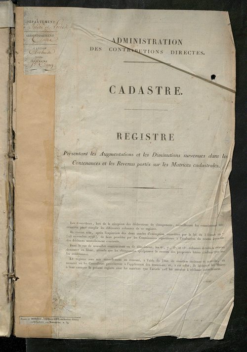 Registre présentant les augmentations et les diminutions survenues dans les contenances et les revenus portés sur les matrices cadastrales, 1828-1914 ; récapitulation des contenances et des revenus imposables, 1822 ; matrice des propriétés foncières, fol.