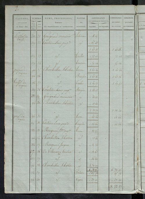 Etats de sections ; relevé des numéros de même nature de culture ; classement parcellaire et évaluation des revenus imposables des propriétés bâties, avec le nombre des portes et fenêtres.