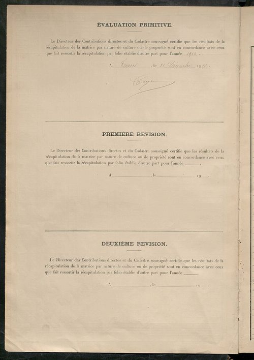 Tableau présentant les augmentations et les diminutions survenues dans la matière imposable ; récapitulation ; table alphabétique des propriétaires ; matrice des propriétés non bâties, fol. 1 à 488.