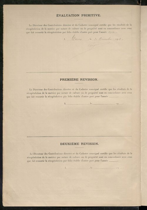 Tableau présentant les augmentations et les diminutions survenues dans la matière imposable ; récapitulation ; table alphabétique des propriétaires ; matrice des propriétés non bâties, fol. 1 à 500.