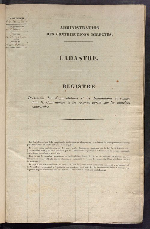 Registre présentant les augmentations et les diminutions survenues dans les contenances et les revenus portés sur les matrices cadastrales, 1832-1914 ; récapitulation des contenances et des revenus imposables, 1831 ; matrice des propriétés foncières, fol.