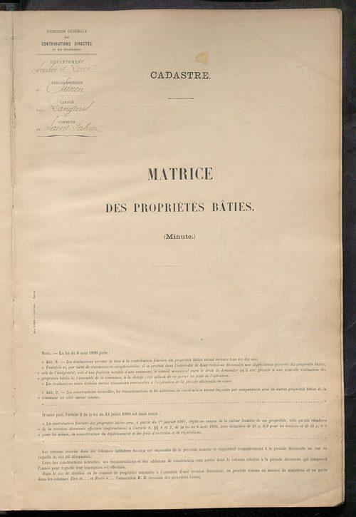 Matrice des propriétés bâties ; récapitulation ; table alphabétique des propriétaires.