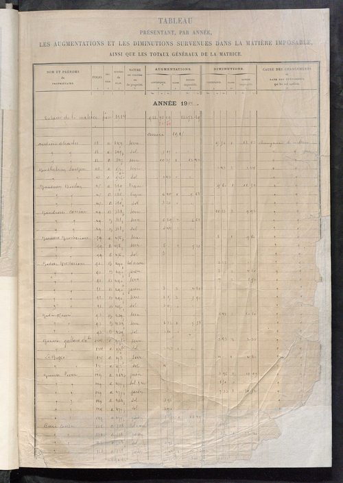Matrice des propriétés non bâties : tableau présentant les augmentations et les diminutions survenues dans la matière imposable ; récapitulation ; table alphabétique des propriétaires.