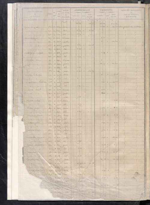 Matrice des propriétés non bâties : tableau présentant les augmentations et les diminutions survenues dans la matière imposable ; récapitulation ; table alphabétique des propriétaires.
