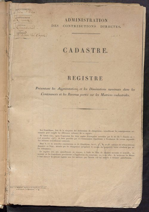 Registre présentant les augmentations et les diminutions survenues dans les contenances et les revenus portés sur les matrices cadastrales, 1826-1911; récapitulation des contenances et des revenus imposables, 1822 ; matrice des propriétés foncières, fol. 
