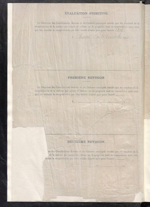 Matrice des propriétés non bâties : tableau présentant les augmentations et les diminutions survenues dans la matière imposable ; récapitulation ; table alphabétique des propriétaires.