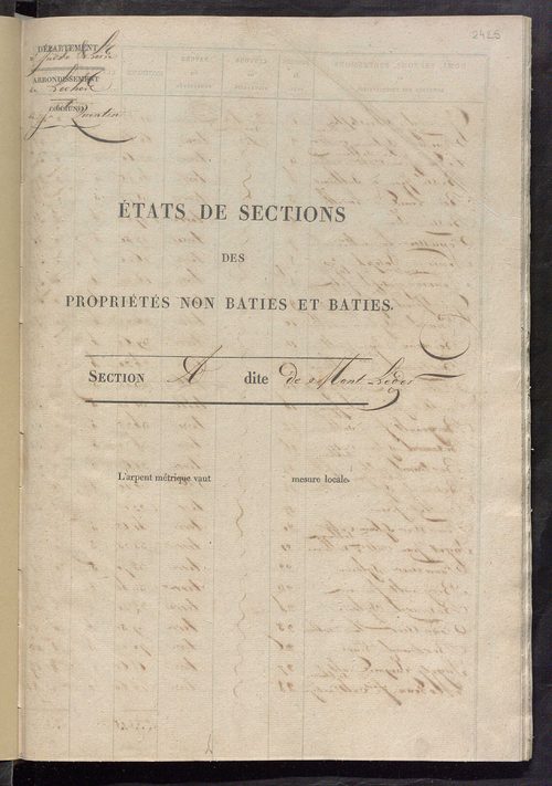 Etats de sections des propriétés non bâties et bâties ; relevé des numéros de propriétés non bâties de même nature ; relevé des propriétés bâties ; récapitulation de la contenance et du revenu imposables des propriétés.