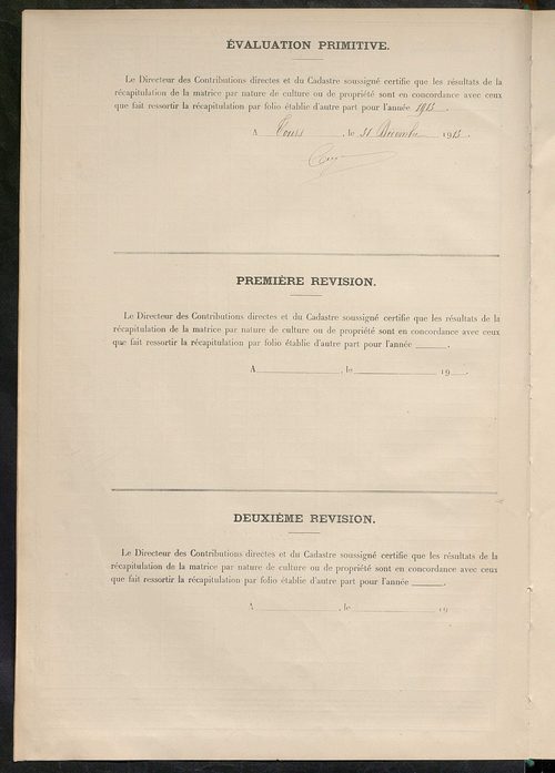 Tableau présentant les augmentations et les diminutions survenues dans la matière imposable ; récapitulation ; table alphabétique des propriétaires ; matrice des propriétés non bâties, fol. 1 à 500.