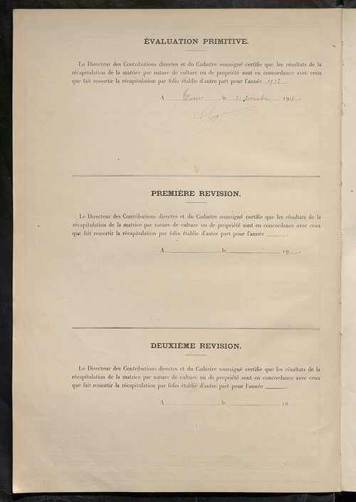 Matrice des propriétés non bâties ; tableau présentant les augmentations et les diminutions survenues dans la matière imposable ; récapitulation ; table alphabétique des propriétaires.