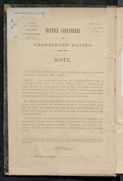 Matrice des propriétés bâties ; augmentations et diminutions, 1883-1891 ; séparation des revenus cadastraux afférents, pour l'année 1882, aux propriétés bâties et non bâties (état-balance) ; table alphabétique des propriétaires.