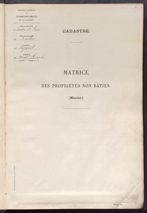 Tableau présentant les augmentations et les diminutions survenues dans la matière imposable ; récapitulation ; table alphabétique des propriétaires ; matrice des propriétés non bâties, fol. 1 à 476.