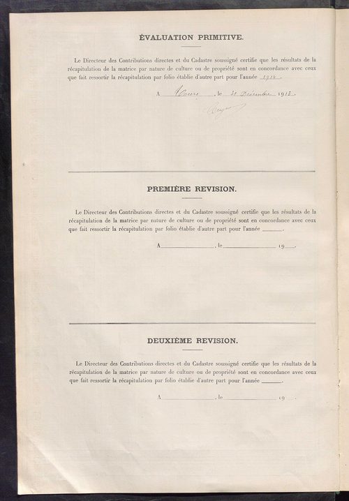 Tableau présentant les augmentations et les diminutions survenues dans la matière imposable ; récapitulation ; table alphabétique des propriétaires ; matrice des propriétés non bâties, fol. 1 à 476.