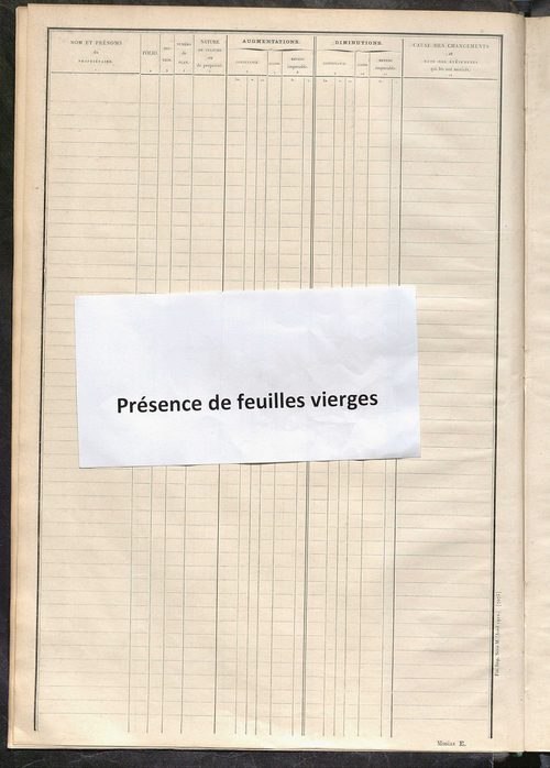 Tableau présentant les augmentations et les diminutions survenues dans la matière imposable ; récapitulation ; table alphabétique des propriétaires ; matrice des propriétés non bâties, fol. 1 à 500.