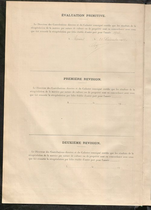 Tableau présentant les augmentations et les diminutions survenues dans la matière imposable ; récapitulation ; table alphabétique des propriétaires ; matrice des propriétés non bâties, fol. 1 à 500.