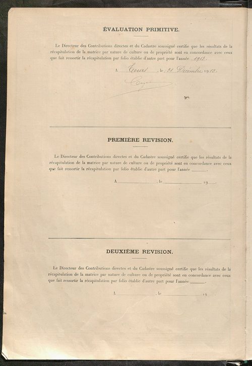 Tableau présentant les augmentations et les diminutions survenues dans la matière imposable ; récapitulation ; table alphabétique des propriétaires ; matrice des propriétés non bâties, fol. 1 à 488.