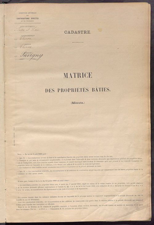 Matrice des propriétés bâties ; récapitulation ; table alphabétique des propriétaires.