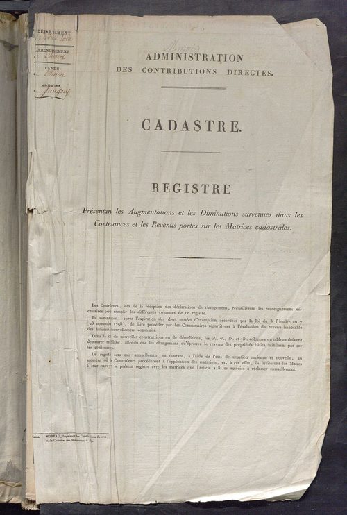 Registre présentant les augmentations et les diminutions survenues dans les contenances et les revenus portés sur les matrices cadastrales, 1842-1914 ; récapitulation des contenances et des revenus imposables, 1841 ; matrice des propriétés foncières, fol.
