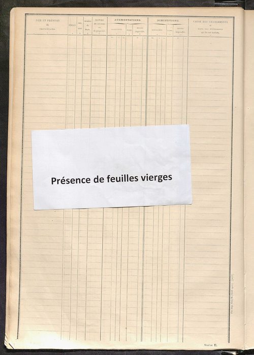 Tableau présentant les augmentations et les diminutions survenues dans la matière imposable ; récapitulation ; table alphabétique des propriétaires ; matrice des propriétés non bâties, fol. 1 à 488.