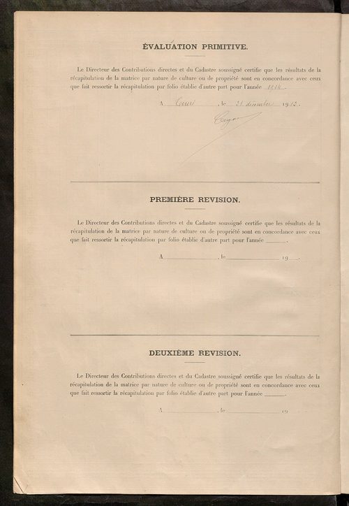 Tableau présentant les augmentations et les diminutions survenues dans la matière imposable ; récapitulation ; table alphabétique des propriétaires ; matrice des propriétés non bâties, fol. 1 à 498.