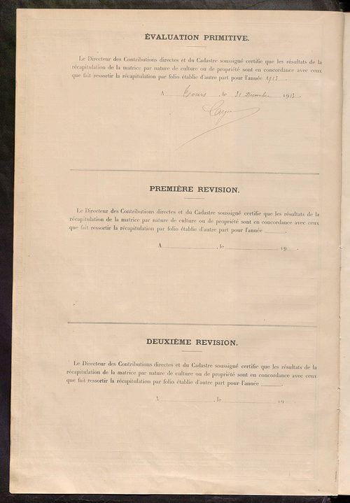 Tableau présentant les augmentations et les diminutions survenues dans la matière imposable ; récapitulation ; table alphabétique des propriétaires ; matrice des propriétés non bâties, fol. 1 à 490.