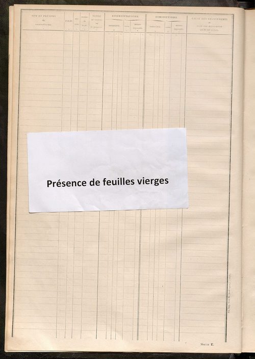Tableau présentant les augmentations et les diminutions survenues dans la matière imposable ; récapitulation ; table alphabétique des propriétaires ; matrice des propriétés non bâties, fol. 1 à 490.