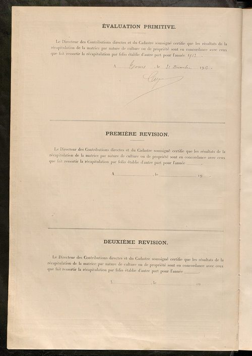 Tableau présentant les augmentations et les diminutions survenues dans la matière imposable ; récapitulation ; table alphabétique des propriétaires ; matrice des propriétés non bâties, fol. 1 à 490.