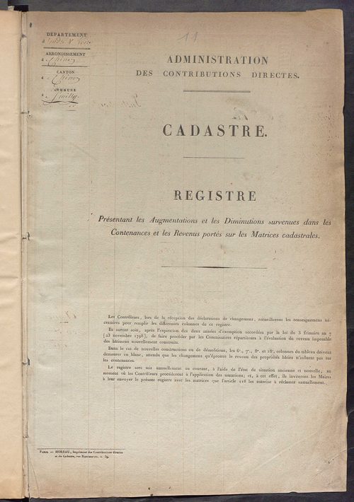Registre présentant les augmentations et les diminutions survenues dans les contenances et les revenus portés sur les matrices cadastrales, 1840-1914 ; récapitulation des contenances et des revenus imposables, 1839 ; matrice des propriétés foncières, fol.