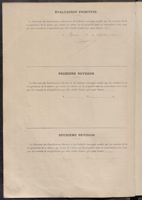Tableau présentant les augmentations et les diminutions survenues dans la matière imposable ; récapitulation ; table alphabétique des propriétaires ; matrice des propriétés non bâties, fol. 1 à 500.