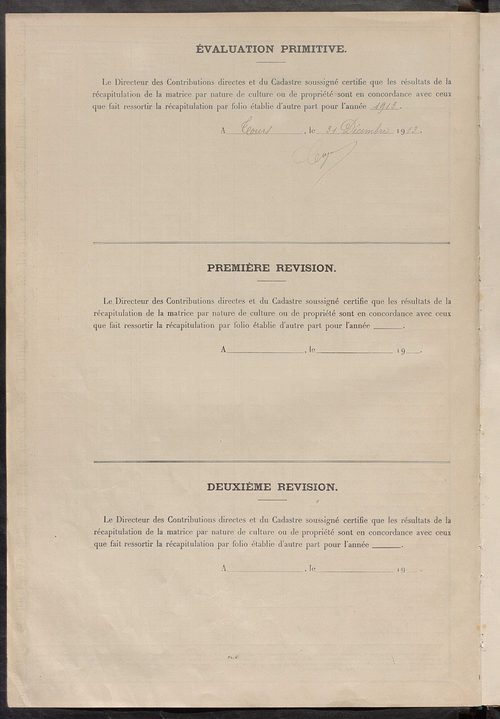 Tableau présentant les augmentations et les diminutions survenues dans la matière imposable ; récapitulation ; table alphabétique des propriétaires ; matrice des propriétés non bâties, fol. 1 à 500.